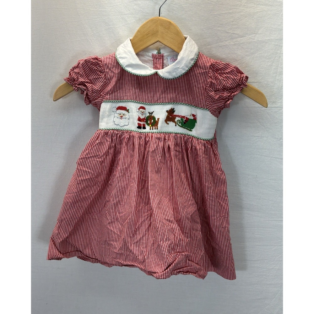 Ann Reeves Smocked Red Check Santa Claus Christmas Puff Slv Dress Sz 2T